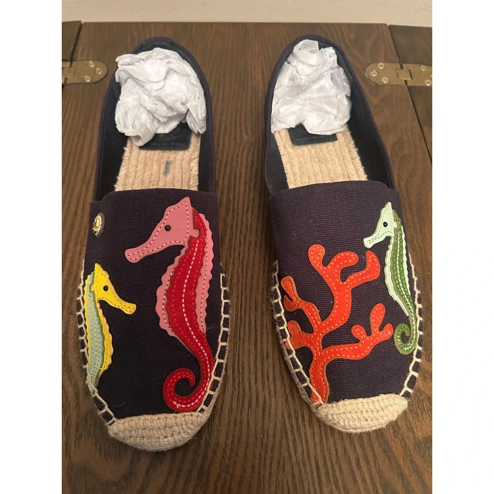 Tory Burch SeaHorse Espadrille Women's Flats Size 7.5 M Navy Blue